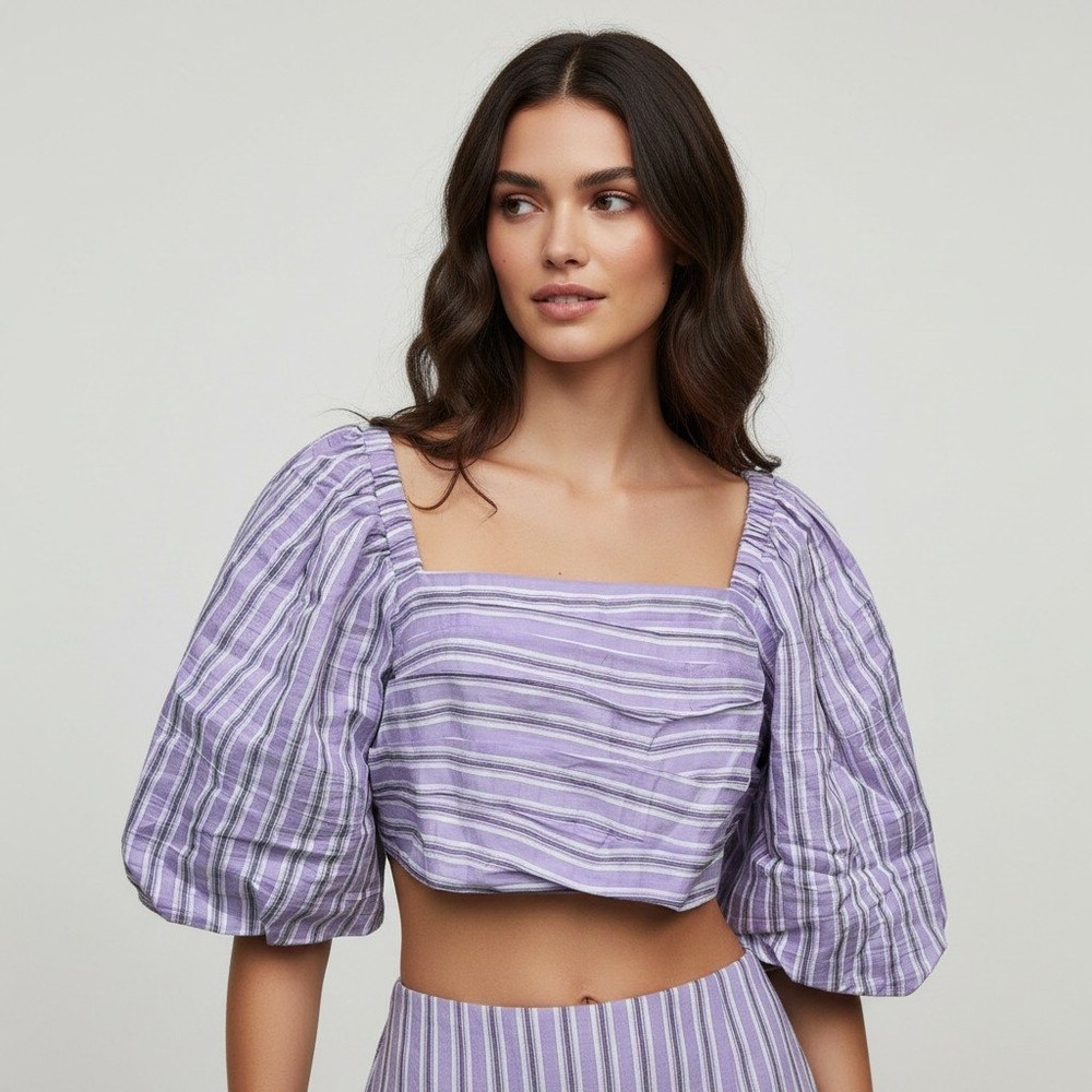 Sandro Paris Purple Striped Linen Blend Puff Sleeve Cropped Top NWT Size 38